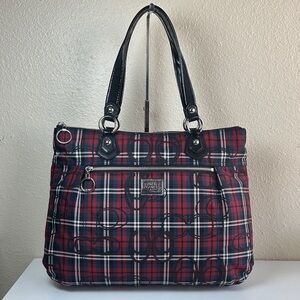 COACH POPPY TARTAN red black Tote Bag like NEW 18713